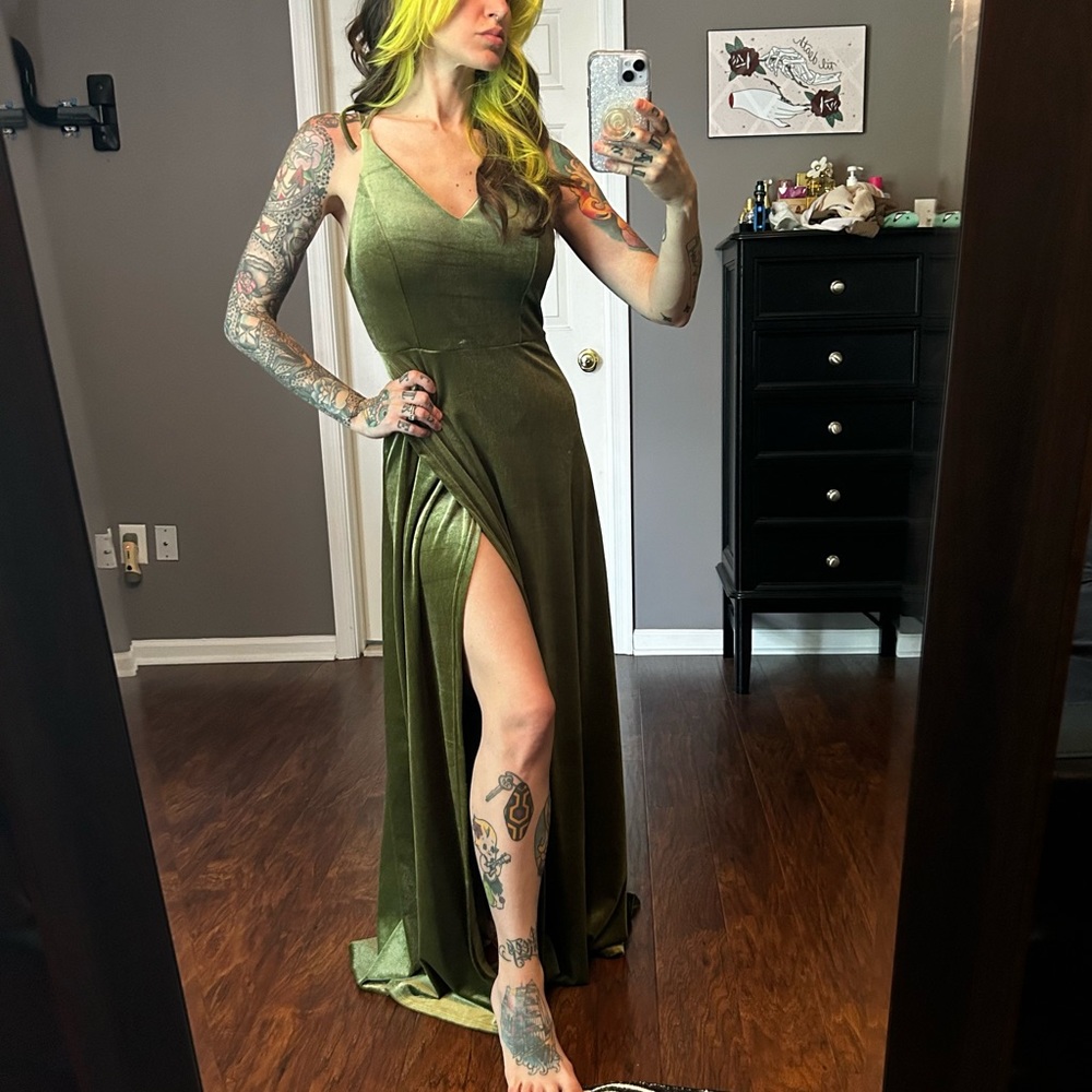 Sage green velvety gown